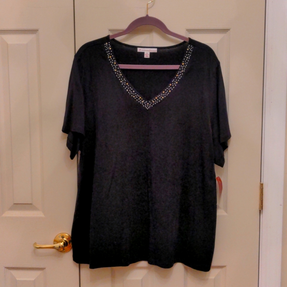 JM Collection Black Rhinestone Collared Shirt